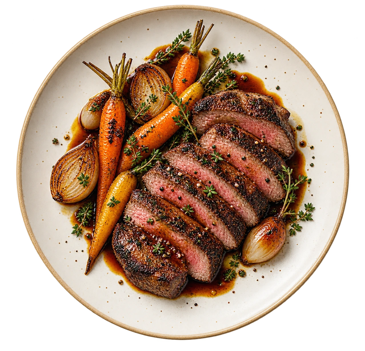 Charred steak with roasted carrots and shallot on an ivory plate