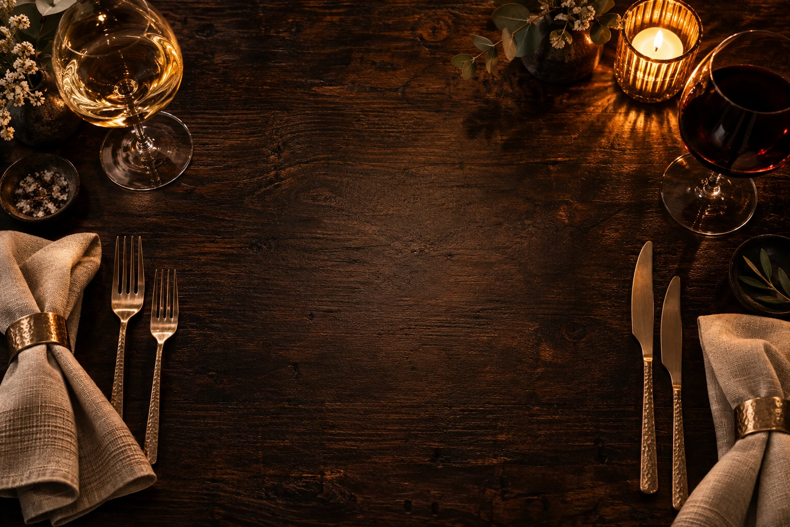 An overhead view of a candlelit table set for two